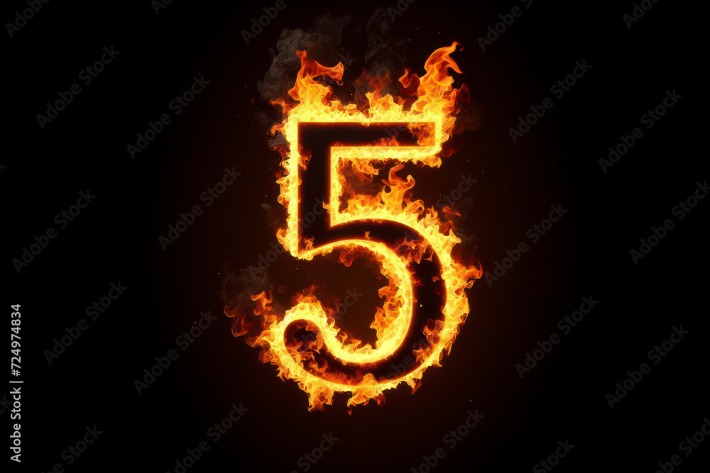 Number 5 with fire growing out isolated on solid black background. ai generative Number 5 with fire growing out isolated on solid black background. ai generative
