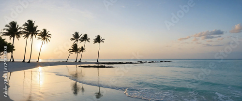 serene beach with palm trees and tranquil ocean at sunrise. Scenic banner of a peaceful seascape.