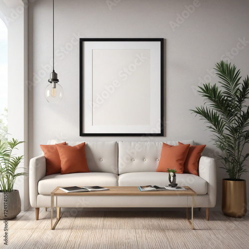 Minimalist Living Room with Mock-Up Poster Frame - 3D Render