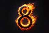 Number 8 with fire growing out isolated on solid black background. ai generative
