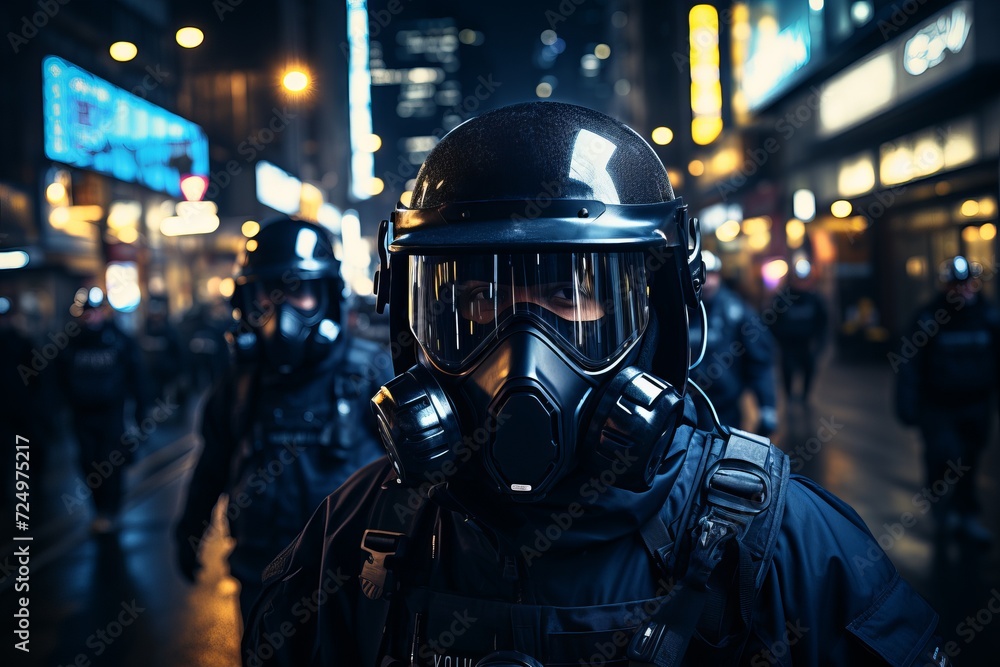 special forces soldier polices group with high technology gun and weapon working in night city special forces soldier polices group with high technology gun and weapon working in night city