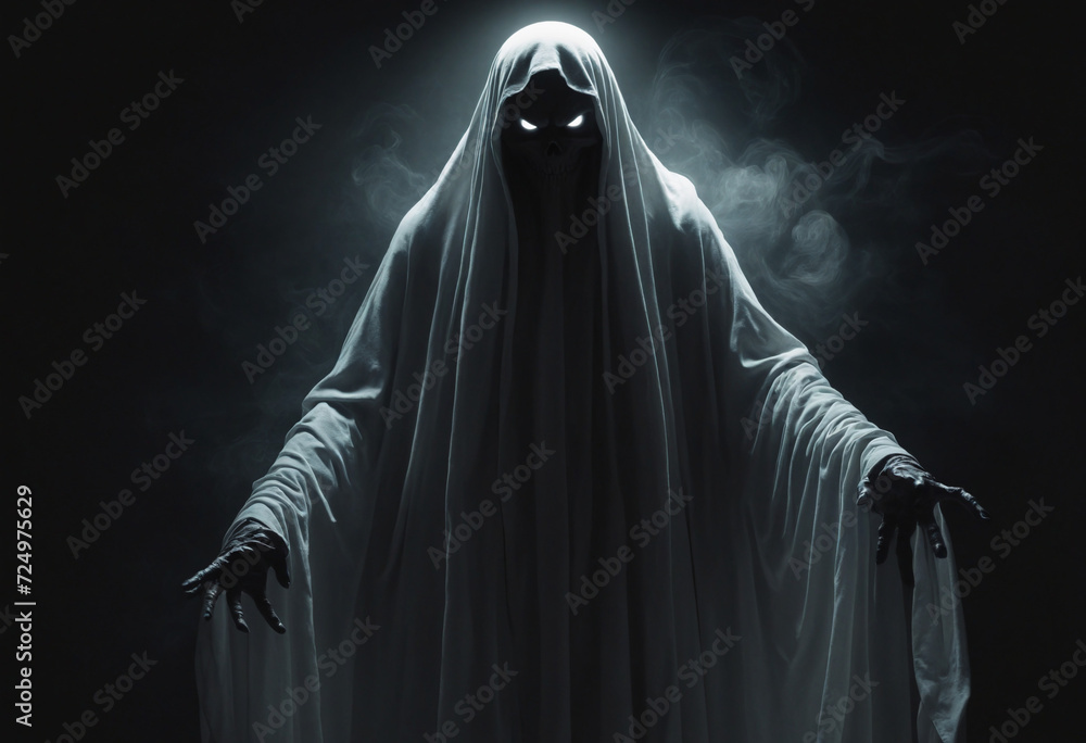 Spooky apparition on black backdrop. Flying creature roams in darkness.