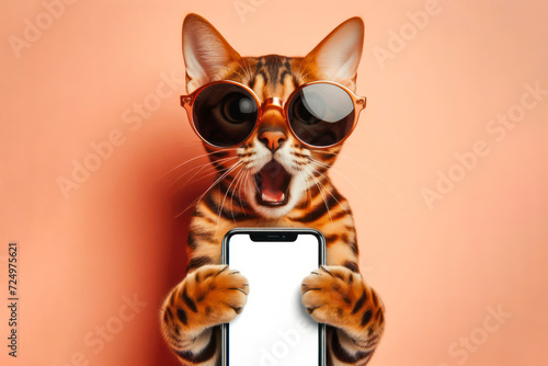 Shocked bengal cat in sunglasses holding smartphone with white mockup screen on color background. ai generative