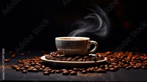 Steaming coffee cup surrounded by coffee beans on dark background