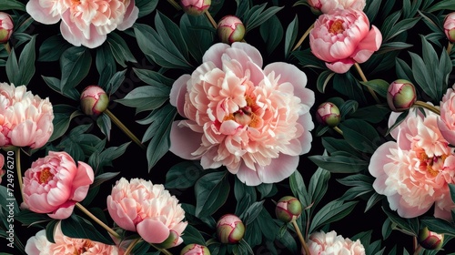 peony flowers and buds against a dark background  creating a mesmerizing seamless pattern that evokes elegance and sophistication. SEAMLESS PATTERN. SEAMLESS WALLPAPER.