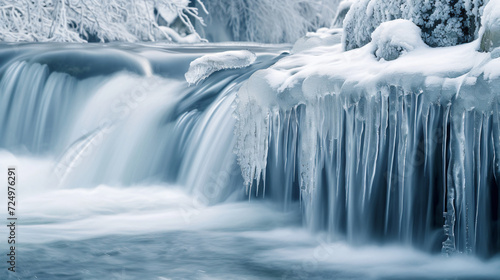 A frosty waterfall frozen in time during a harsh winter a blend of stillness and motion.
