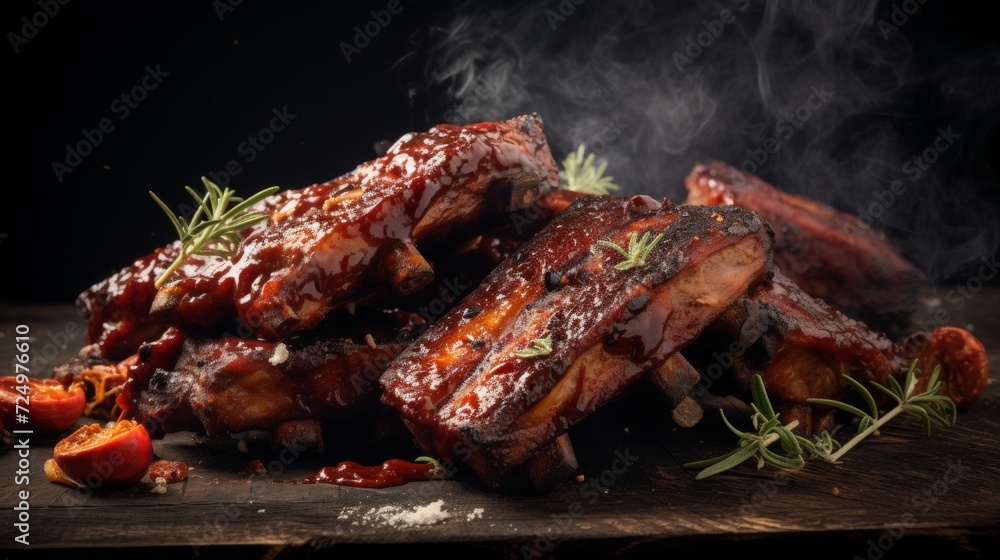 smokey bbq ribs, food photograph, 16:9 smokey bbq ribs, food photograph, 16:9