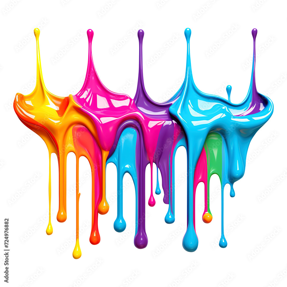 Colorful acrylic paint dripping with liquid drops isolated on transparent background
