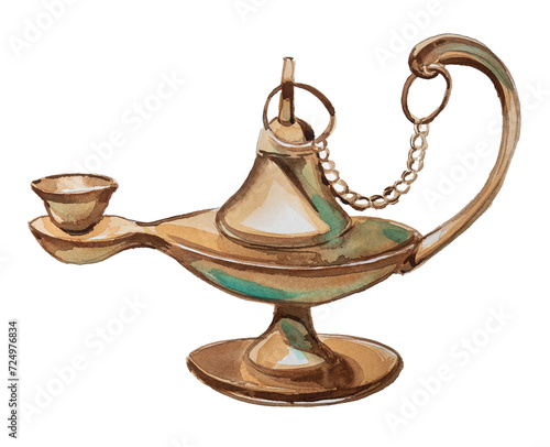 Watercolor vintage oil lamp painting.  Arabic lamp illustration isolated on white. photo