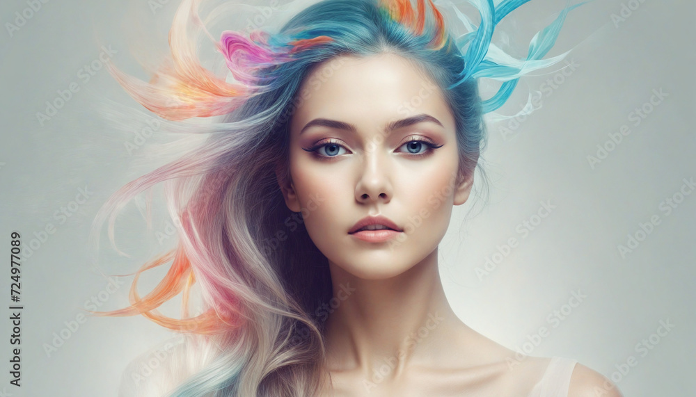 Dreamy Abstract Portrait of a Serene Woman Enhanced with Colorful Digital Paint Splash or Space Nebula
