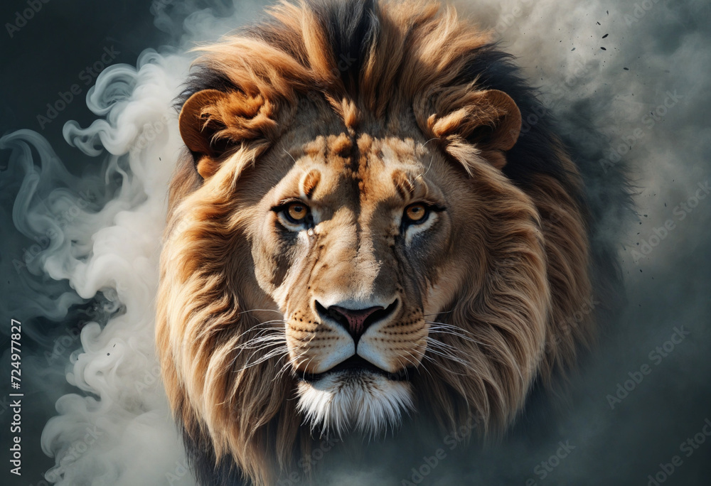 Fototapeta premium Intense lion portrait against smoky backdrop