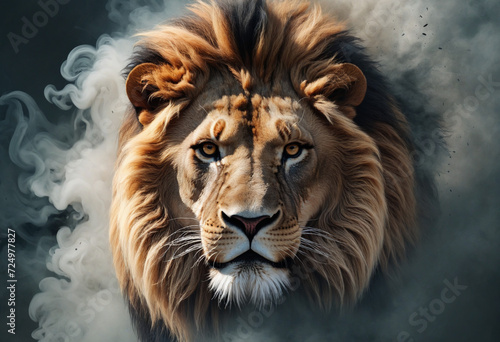 Intense lion portrait against smoky backdrop © SR07XC3