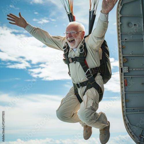 A daring man leaps into the endless sky, his clothes billowing behind him as he embraces the thrill of adventure and the exhilarating rush of tandem skydiving with a wide smile on his face photo