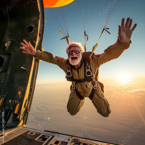 An exhilarated adventurer embraces the limitless sky while tandem skydiving, their smile and outstretched arms embodying the freedom and thrill of outdoor air sports