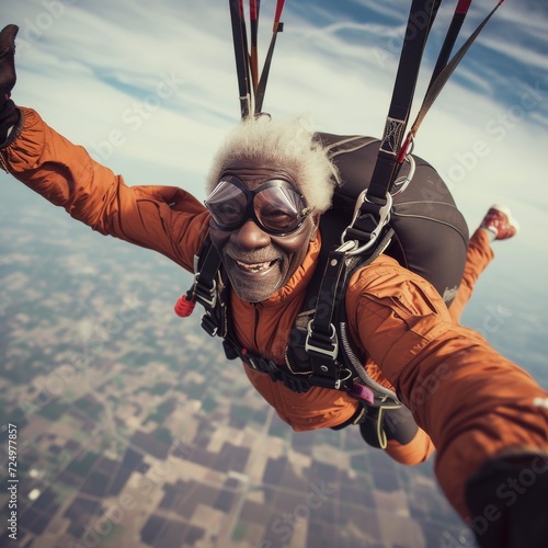 Thrillingly free, a daring man embraces the endless sky with open arms while tandem skydiving, surrendering to the rush of outdoor adventure and the exhilarating sensation of flying through the air w photo