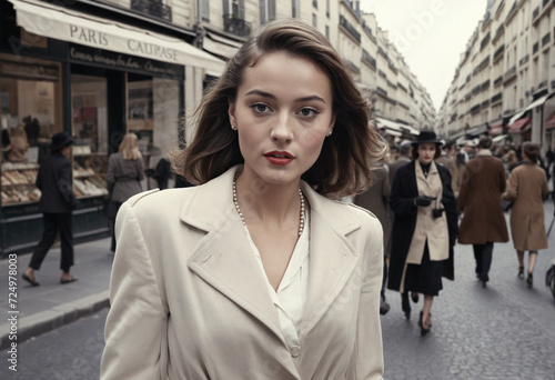 Retro Image of a Woman Walking in Paris in 1949 photo