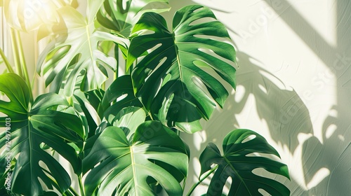 Close up of beautiful monstera flower leaves or Swiss cheese plant, Monstera deliciosa Liebm, interior minimalism concept, banner, copy space photo