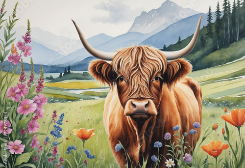 Highland cow in a meadow watercolor painting. Stunning artwork for print