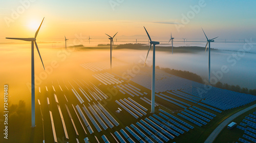 Fields of renewable and alternative energies, solar energy and wind turbines. Environment concept