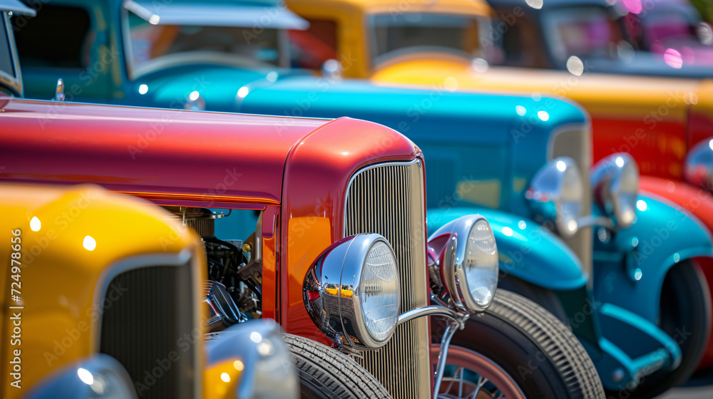 A group of colorful hot rods lined up at a car festival.