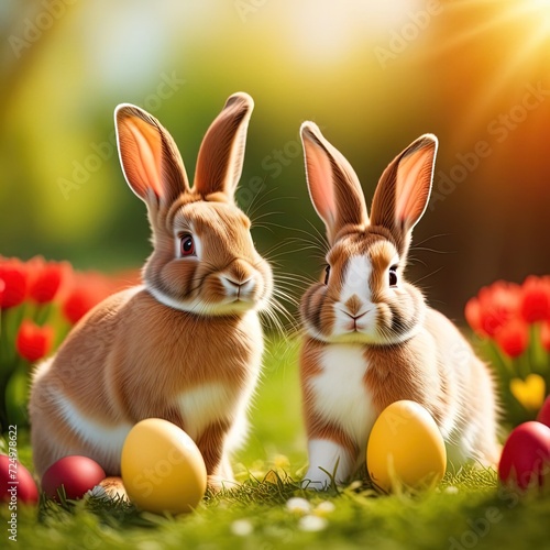 Easter Bunny - Decorated Eggs And Cute Rabbit In Sunny Spring Meadow With Defocused Abstract Lights