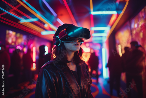 Young Caucasian woman using virtual reality VR set