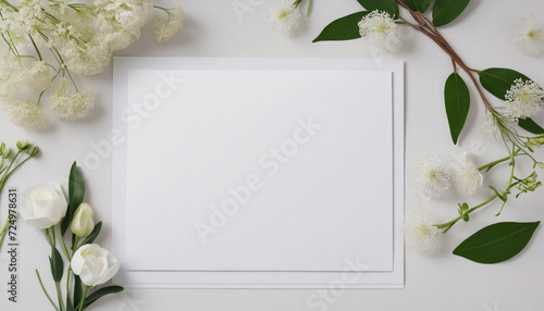 Top view white floral wedding invitation card with blank space for date, perfect for bridal shower or party. Empty mockup banner design. photo