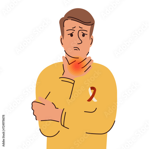 Man with thyroid gland disease. Throat cancer illustration male character. Endocrinology disease