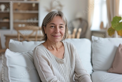 Smiling middle aged woman sitting on sofa at home, single mature senior in living room © ERiK