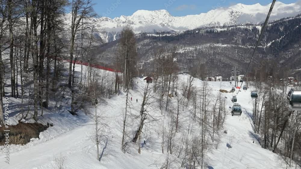 Cabins of chairlift with inscriptions Rosa Khutor above slopes and trees Cabins of chairlift with inscriptions Rosa Khutor above slopes and trees