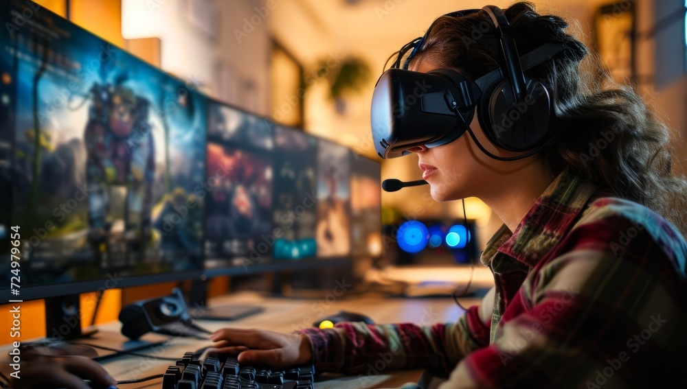 Obraz premium Young adult female playing video game with virtual reality headset at home