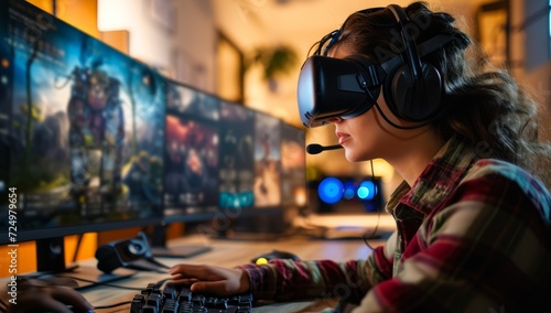 Young adult female playing video game with virtual reality headset at home photo