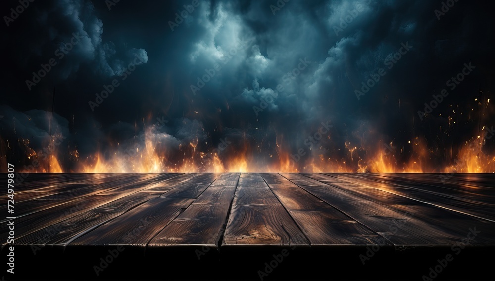 Burning wooden floor with smoke and fire in the dark background.
