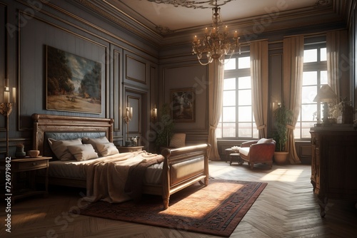 Empire style interior of bedroom in luxury house.