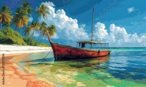 Illustration of Zanzibar island with dhow and sunset, T-shirt design and print © STORYTELLER