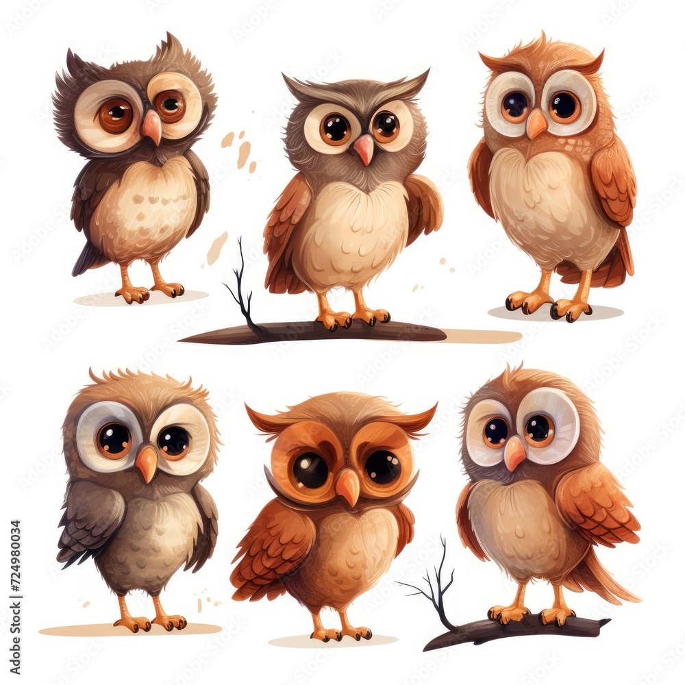 Fototapeta premium Set of cute owls on white background