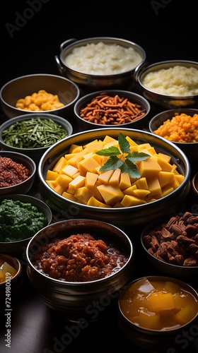 Assorted dishes with vibrant mango pieces in the center display a feast of colors and textures