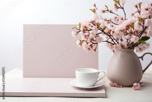 romantic desk mockup, pink flowers, coffee cup and blank card for mockup. ai generated