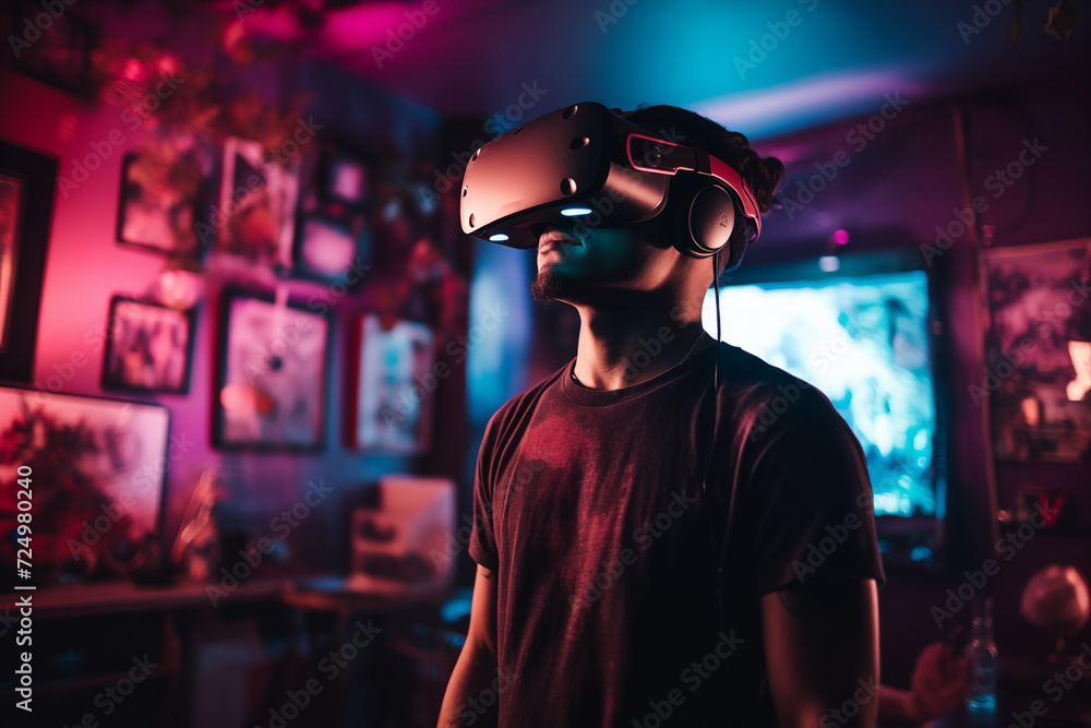 Young black man using VR virtual reality set. Technology and innovation. Young black man using VR virtual reality set. Technology and innovation.