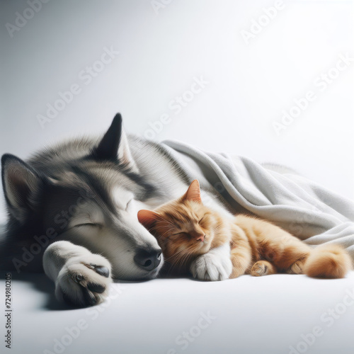 Cat and dog sleeping. Puppy and kitten sleep. Dog and cat together, cat and dog together on the floor indoor, friendly, Fluffy friends, cat and dog lying, high quality portrait, isolated background.