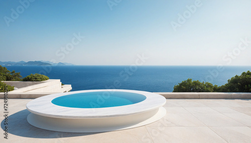 Elegant marble podium with scenic ocean backdrop - ideal for showcasing products