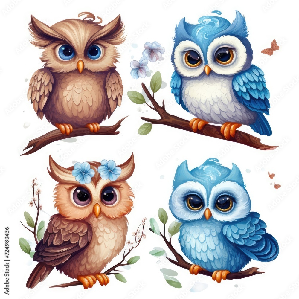 Fototapeta premium Set of cute owls on white background