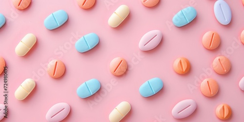 Pastel-Colored Pills Arranged in a Pattern on a Pastel Pink Background.