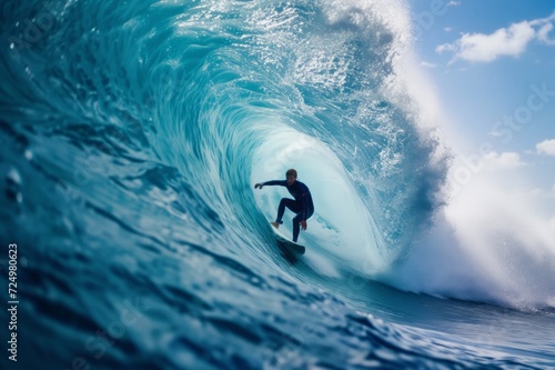 Surfer ride on barrel ocean wave. Pro surfing on large waves