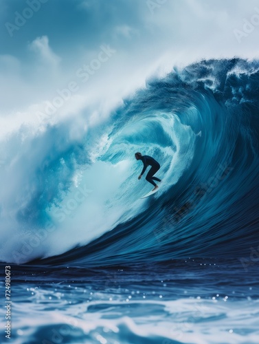Surfer ride on barrel ocean wave. Pro surfing on large waves