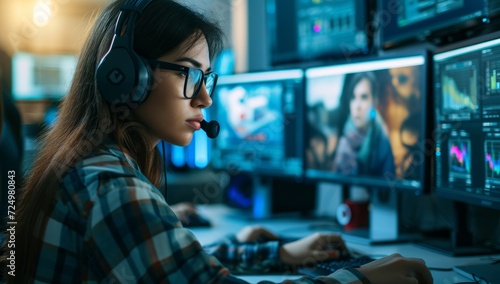 Portrait of young asian woman gamer in headphones and glasses playing online video games at home.