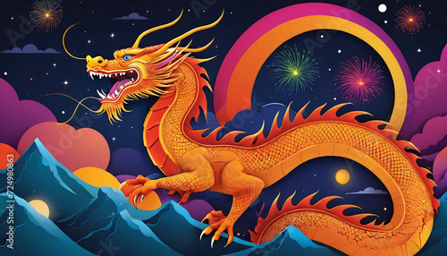 Generative AI illustration of a Dragon fireworks in the background chinese new year of the dragon celebration Tianlong