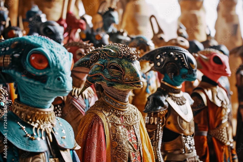 Fototapeta premium AI generated illustration of costumed aliens with vibrant masks and clothing
