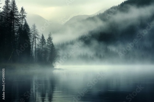 massive mist above a lake. Generative AI