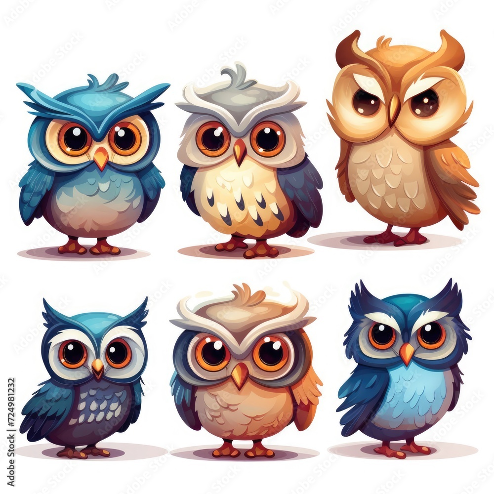 Set of cute owls on white background